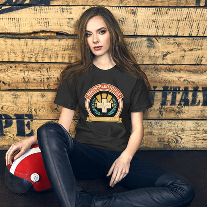 Registered Nurse vintage healthcare emblem badge tee — Dark Grey, on model