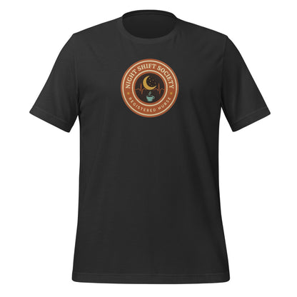Night Shift Society retro registered nurse badge tee — Dark Grey, front