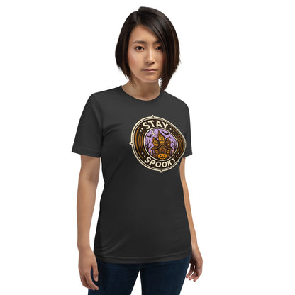 Stay Spooky retro Halloween vintage badge tee — Dark Grey, on model