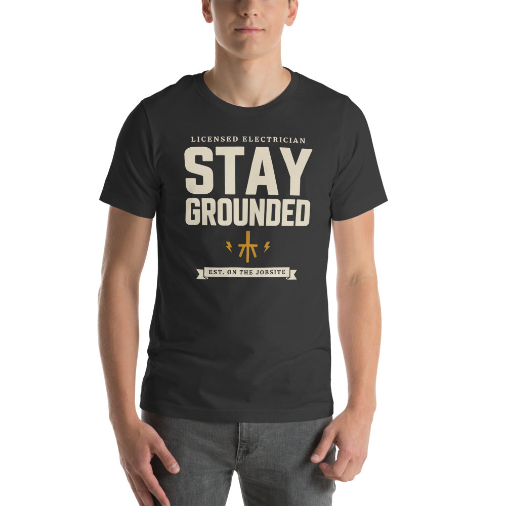 Stay Grounded funny electrician tee — Dark Grey, on model