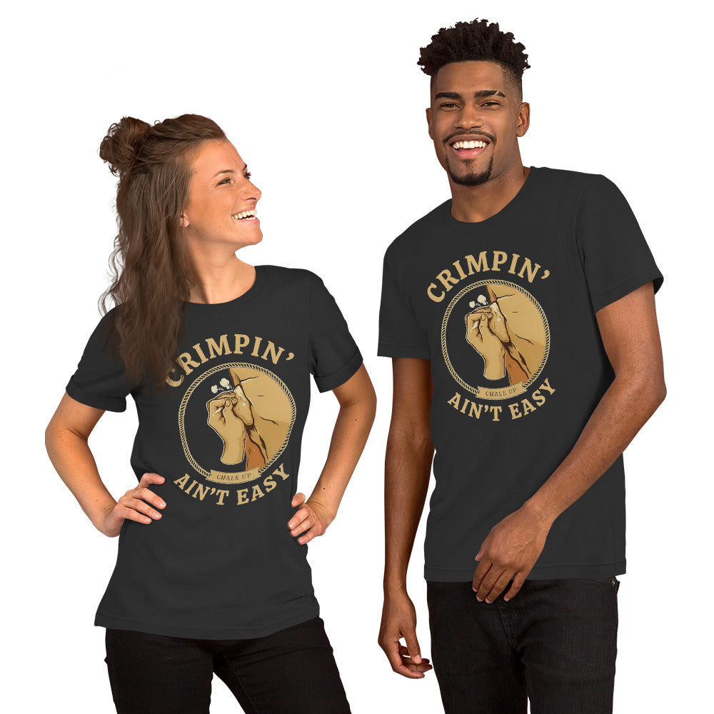 Crimpin' Ain't Easy bouldering badge t-shirt — Dark Grey, on model