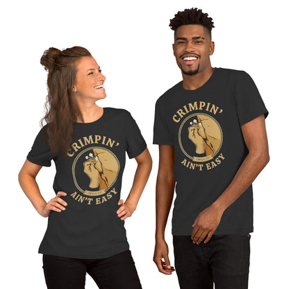 Crimpin' Ain't Easy bouldering badge t-shirt — Dark Grey, on model