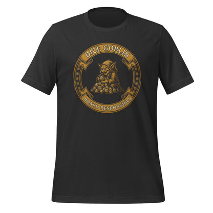 Dice Goblin Hoard Responsibly tabletop RPG tee — Dark Grey, front