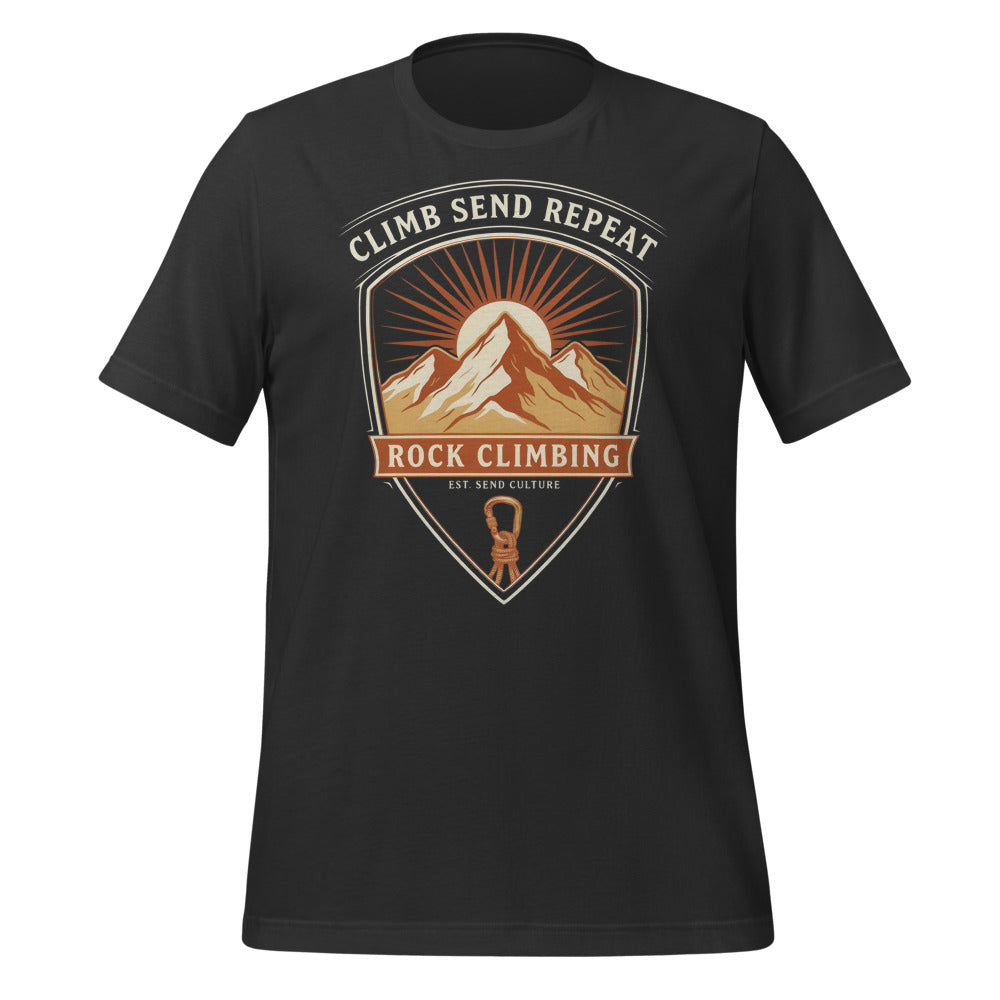 Climb Send Repeat mountaineering crest t-shirt — Dark Grey, front