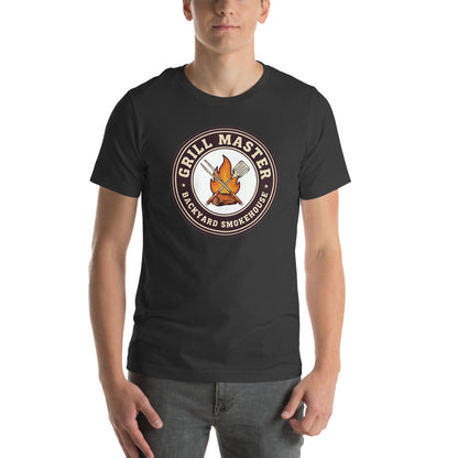 Grill Master retro backyard smokehouse tee — Dark Grey, on model