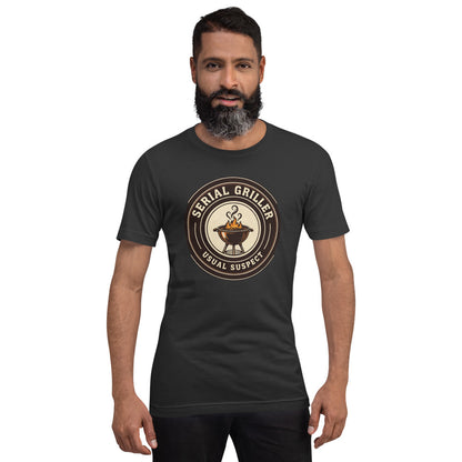 Serial Griller funny BBQ tee — Dark Grey, on model