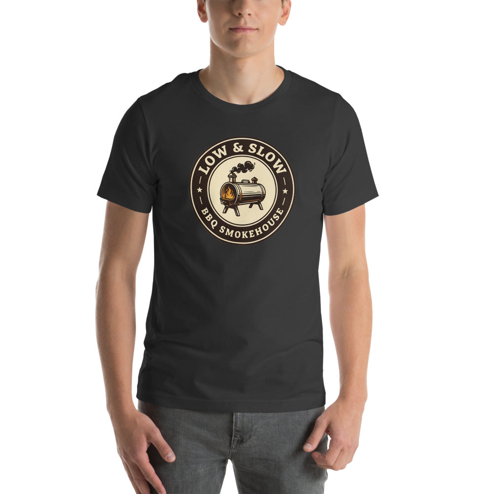 Low & Slow BBQ smoker tee — Dark Grey, on model