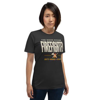 Firefighter collegiate wordmark retro fire-rescue tee — Dark Grey, on model