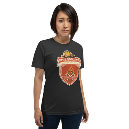 Fire Brigade Earned Not Given retro firefighter shield emblem tee — Dark Grey, on model
