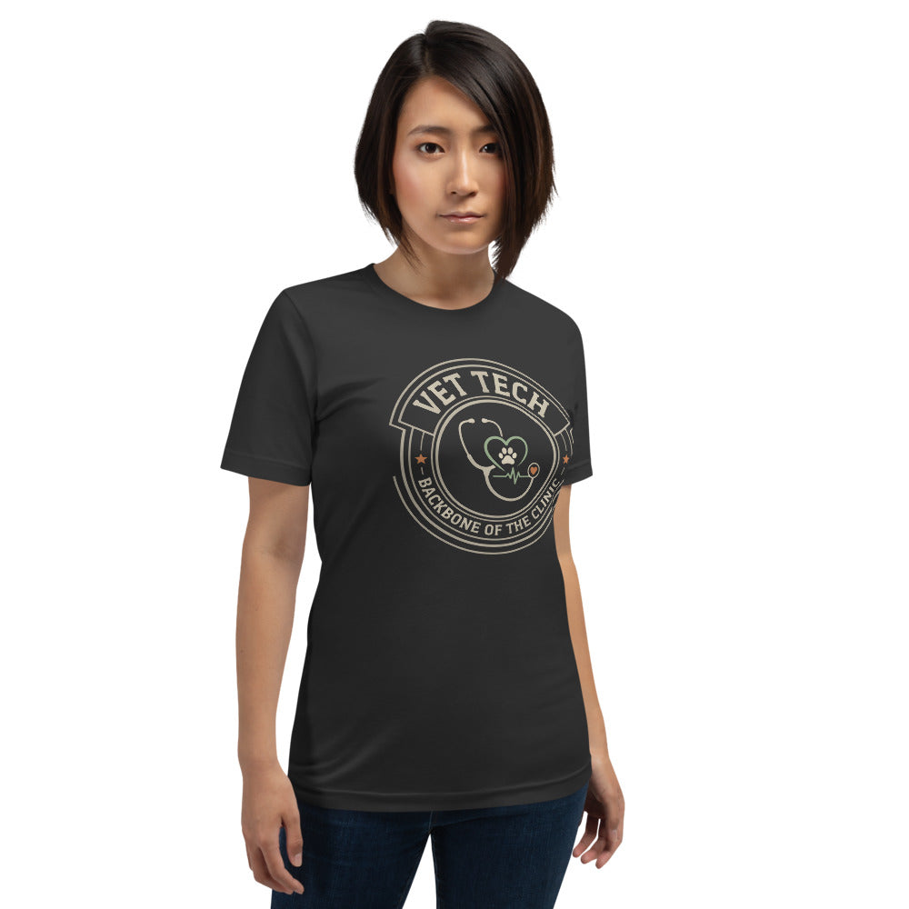 Vet Tech Crest retro veterinary technician tee — Dark Grey, on model