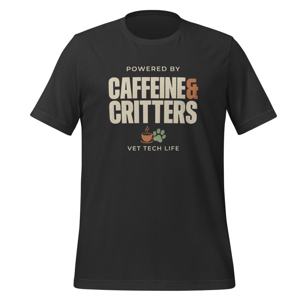 Powered by Caffeine & Critters funny vet tech tee — Dark Grey, front