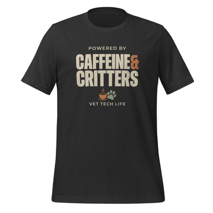 Powered by Caffeine & Critters funny vet tech tee — Dark Grey, front