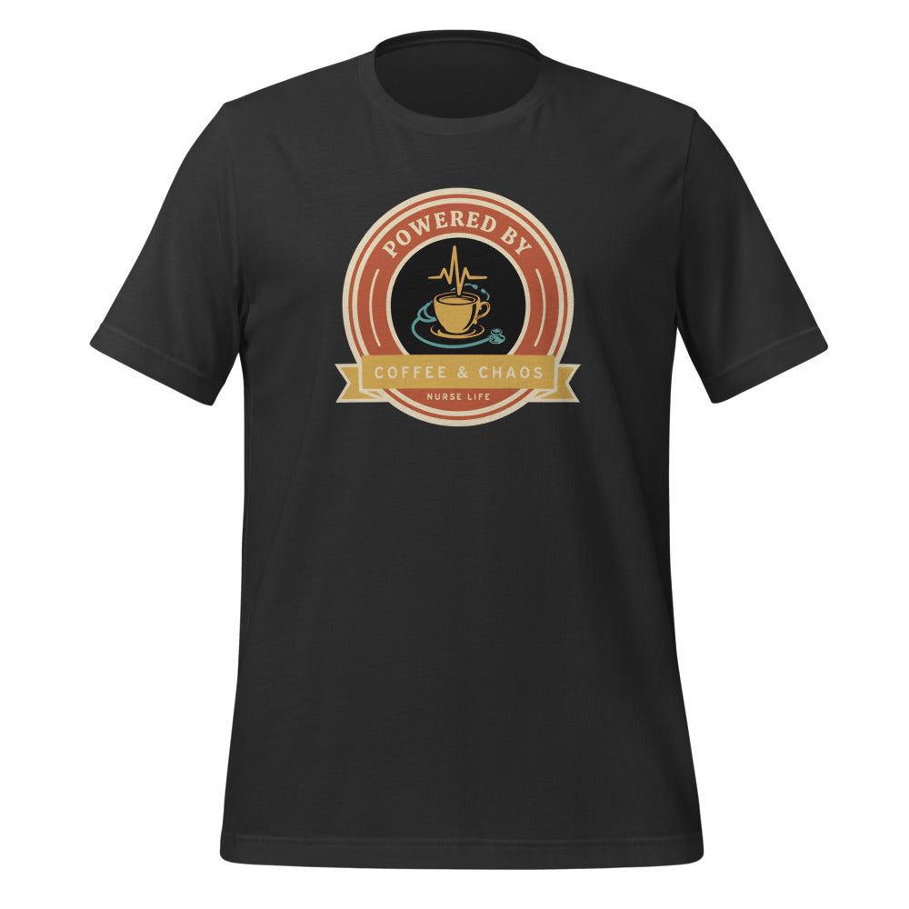 Powered by Coffee & Chaos retro nurse badge tee — Dark Grey, front