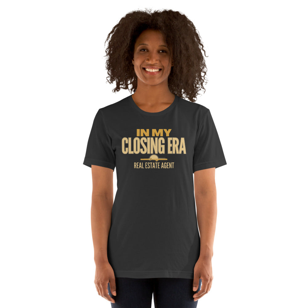 In My Closing Era real estate agent tee — Dark Grey, on model
