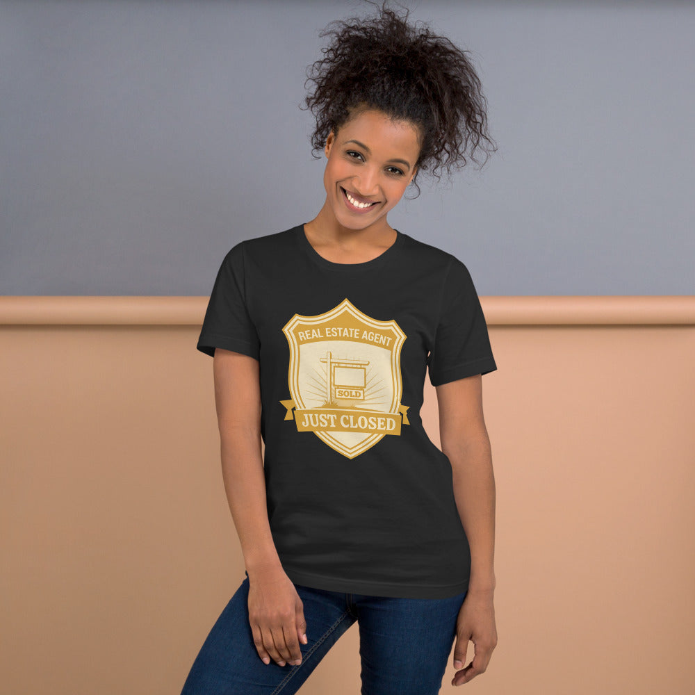 Just Closed real estate agent tee — Dark Grey, on model