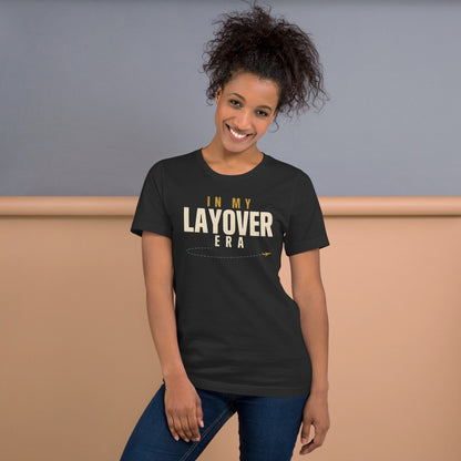 In My Layover Era flight attendant tee — Dark Grey, on model