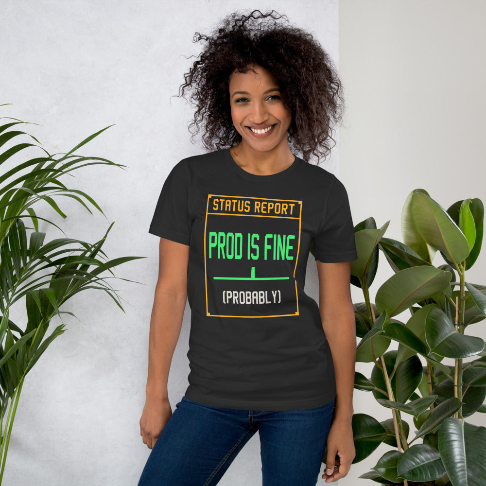 Prod Is Fine programmer tee — Dark Grey, on model
