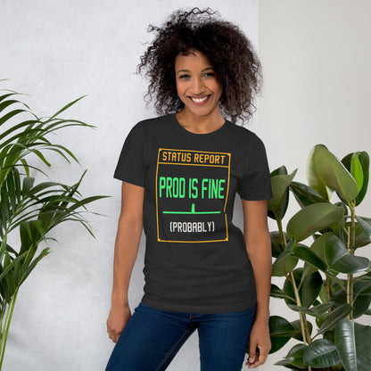 Prod Is Fine programmer tee — Dark Grey, on model