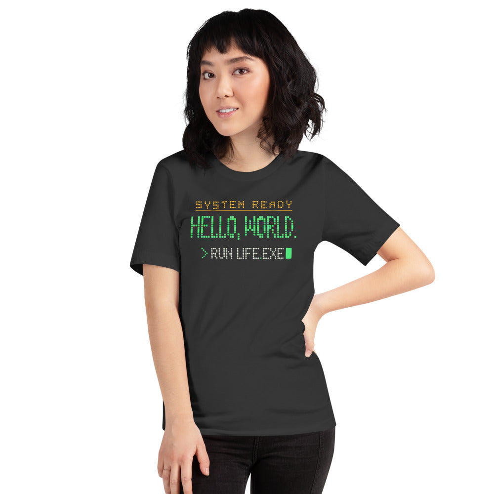 Hello World retro boot screen programmer tee — Dark Grey, on model
