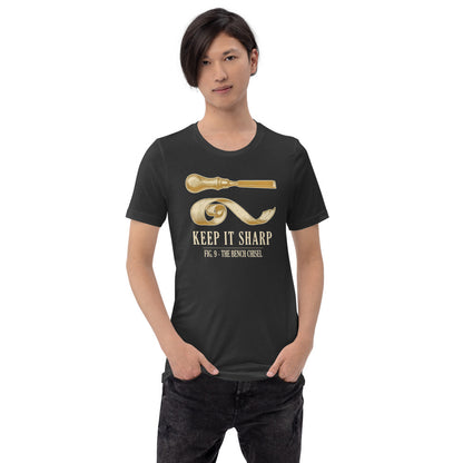 Keep It Sharp woodworking tee — Dark Grey, on model