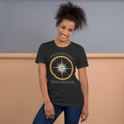 Uranographia vintage celestial chart astronomy tee — Dark Grey, on model