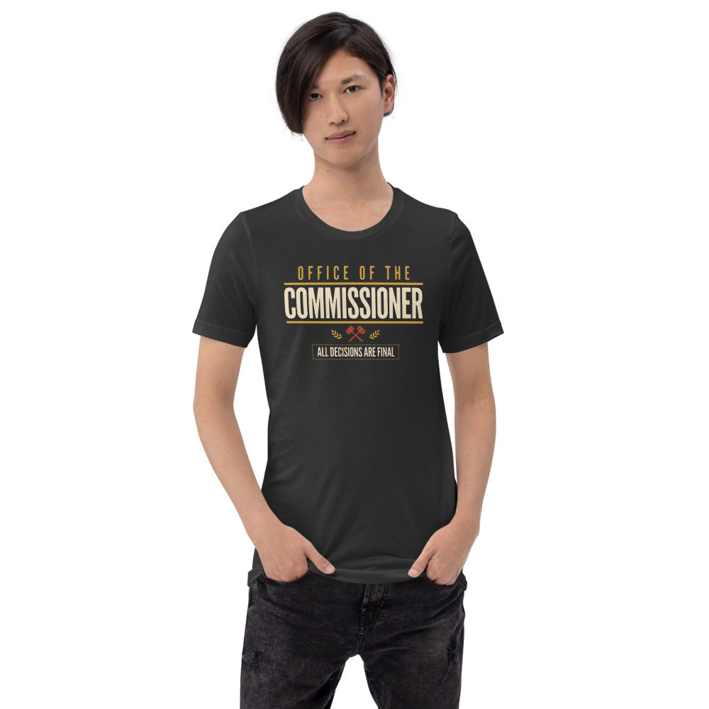 Office of the Commissioner fantasy football draft tee — Dark Grey, on model