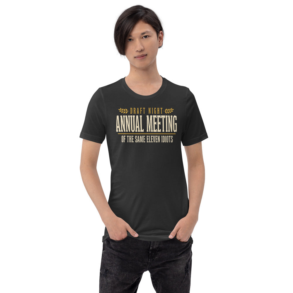 Annual Meeting of the Same Eleven Idiots funny fantasy football draft tee — Dark Grey, on model