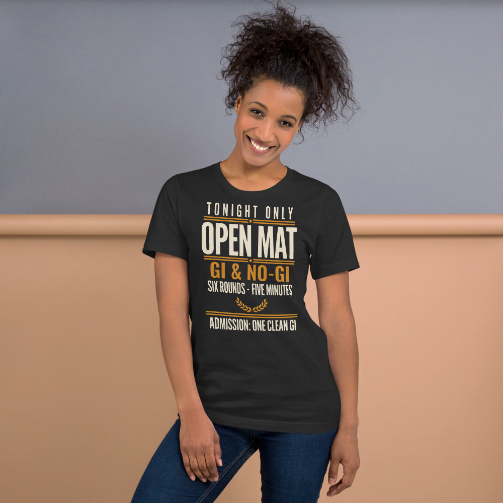 Open Mat Tonight Brazilian jiu jitsu t-shirt — Dark Grey, on model