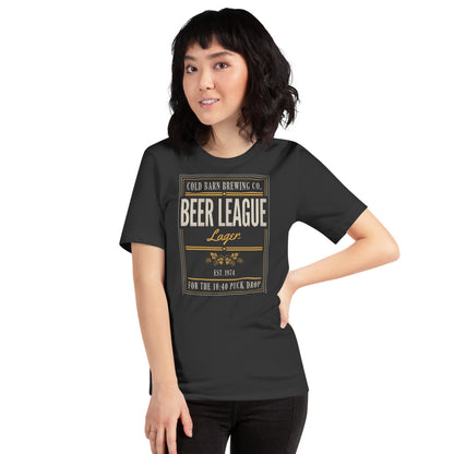 Beer League Cold Barn Brewing lager t-shirt — Dark Grey, on model