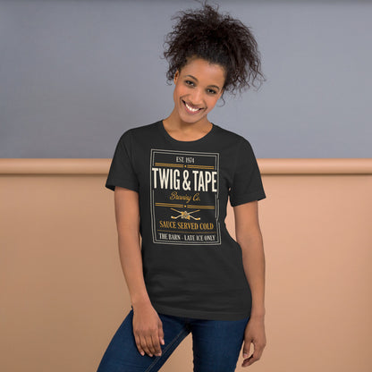Twig and Tape Brewing Co. beer league hockey t-shirt — Dark Grey, on model