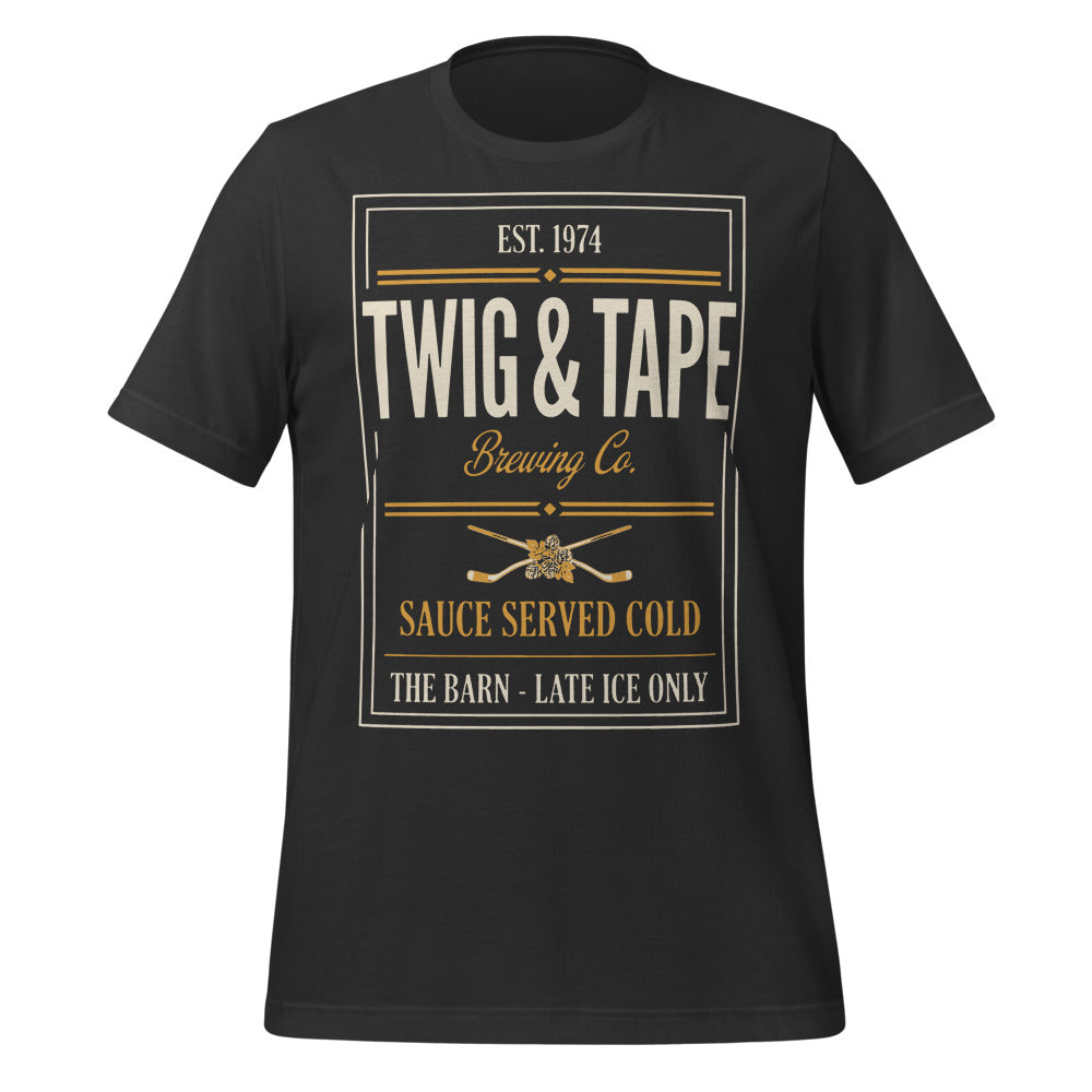 Twig and Tape Brewing Co. beer league hockey t-shirt — Dark Grey, front