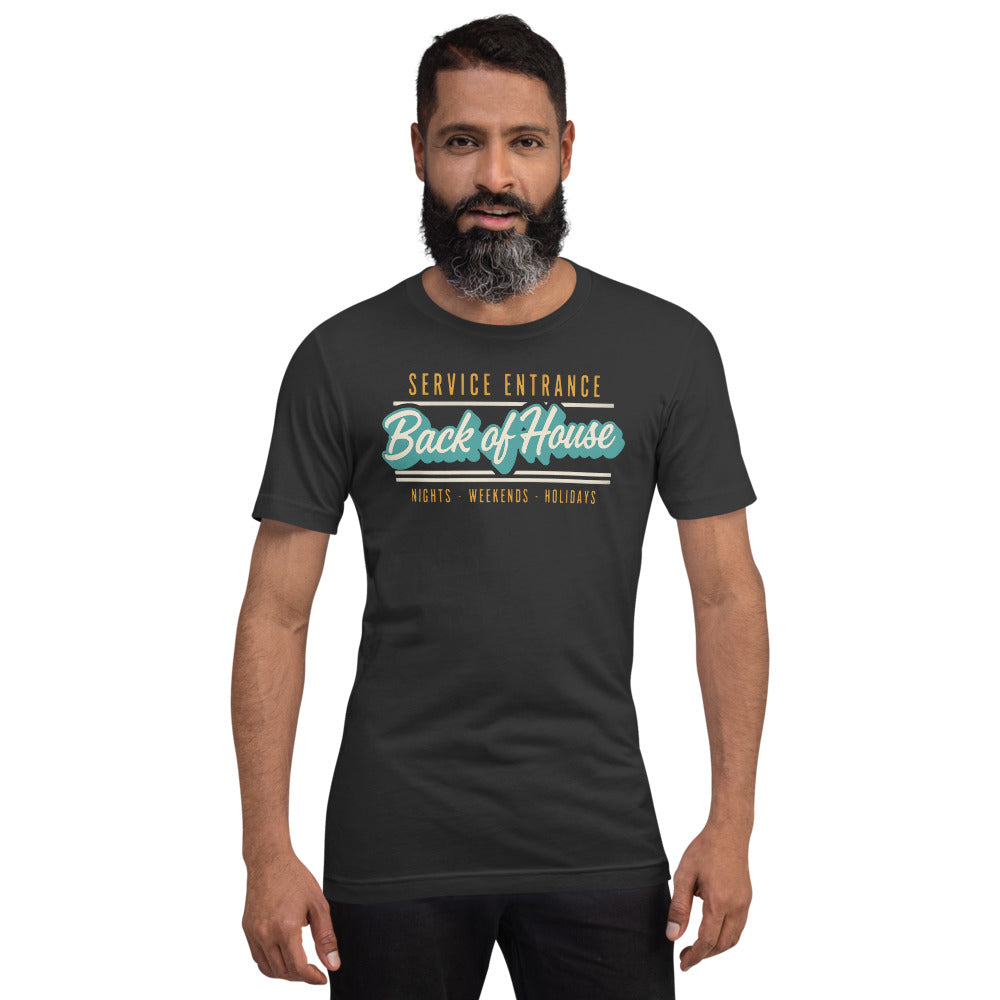 Line Cook Back of House retro diner service sign t-shirt — Dark Grey, on model