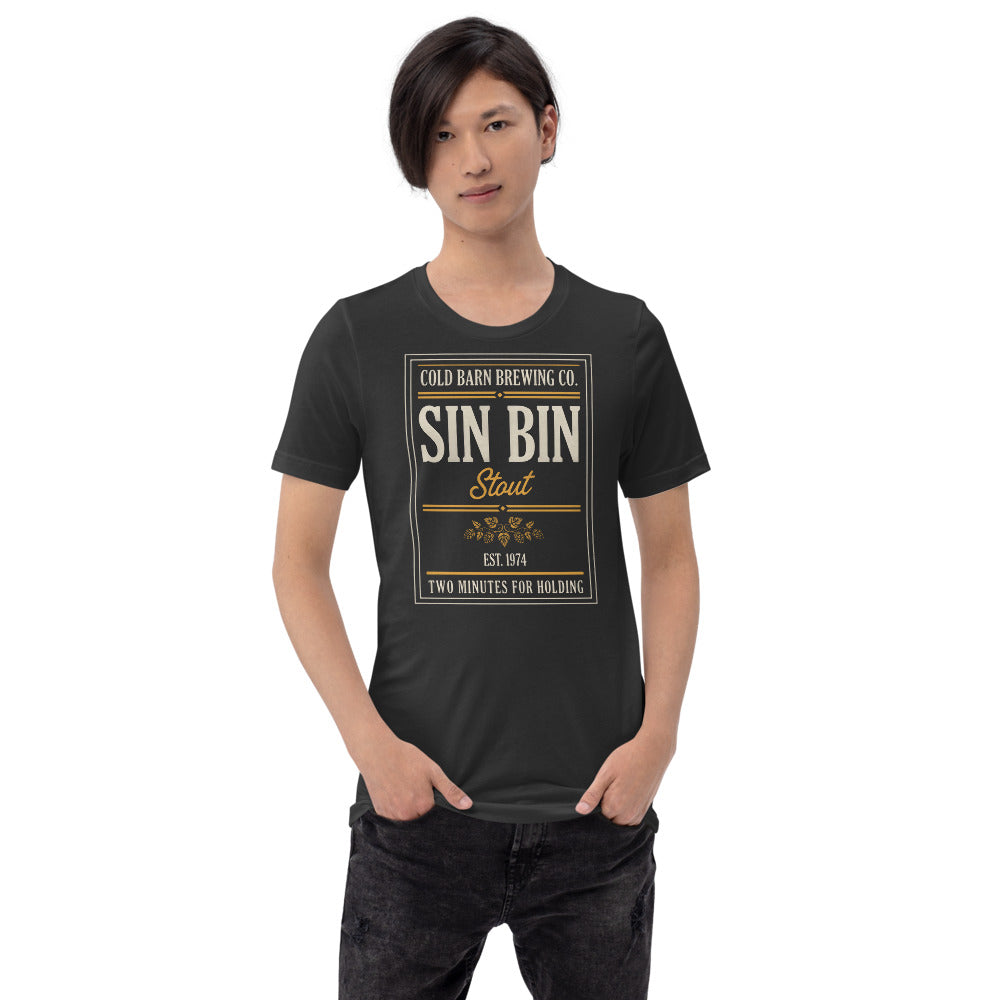 Beer League Sin Bin Stout brewery label t-shirt — Dark Grey, on model