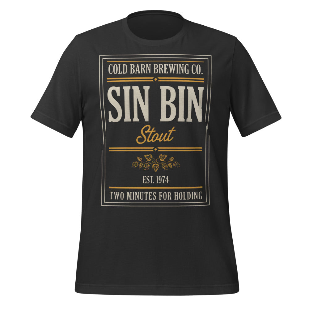 Beer League Sin Bin Stout brewery label t-shirt — Dark Grey, front