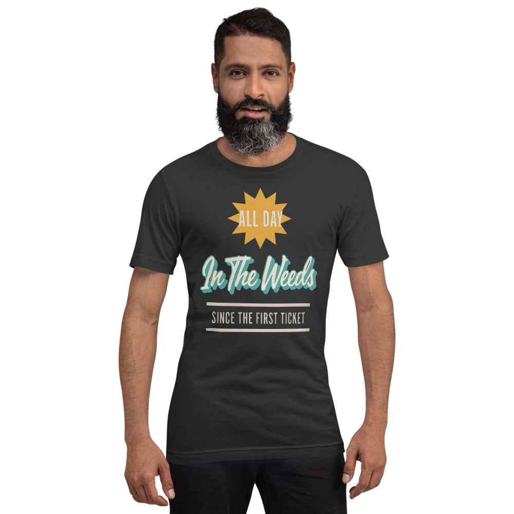 In The Weeds line cook retro diner service sign t-shirt — Dark Grey, on model
