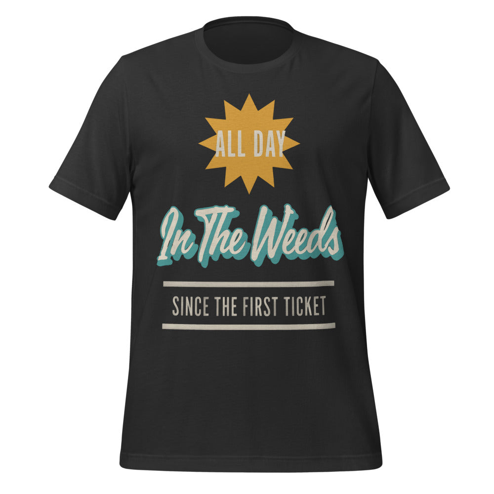 In The Weeds line cook retro diner service sign t-shirt — Dark Grey, front