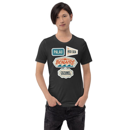 Vintage scuba diving dive sites travel decal t-shirt — Dark Grey, on model