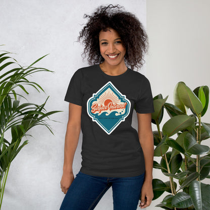 Surface Interval vintage scuba diving travel decal t-shirt — Dark Grey, on model