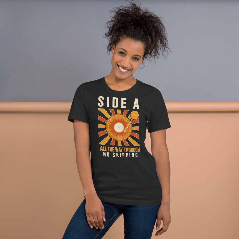 Side A No Skipping vinyl record tee — Dark Grey, on model
