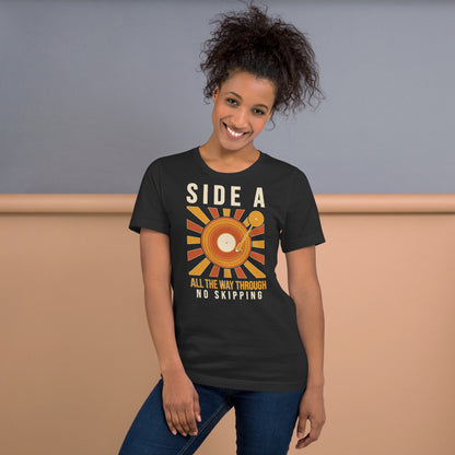 Side A No Skipping vinyl record tee — Dark Grey, on model
