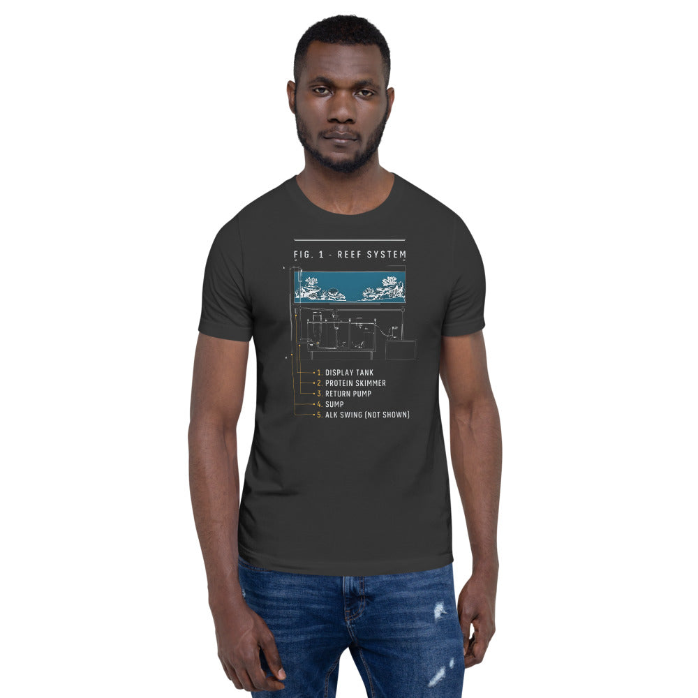 Reef System technical cutaway saltwater aquarium t-shirt — Dark Grey, on model
