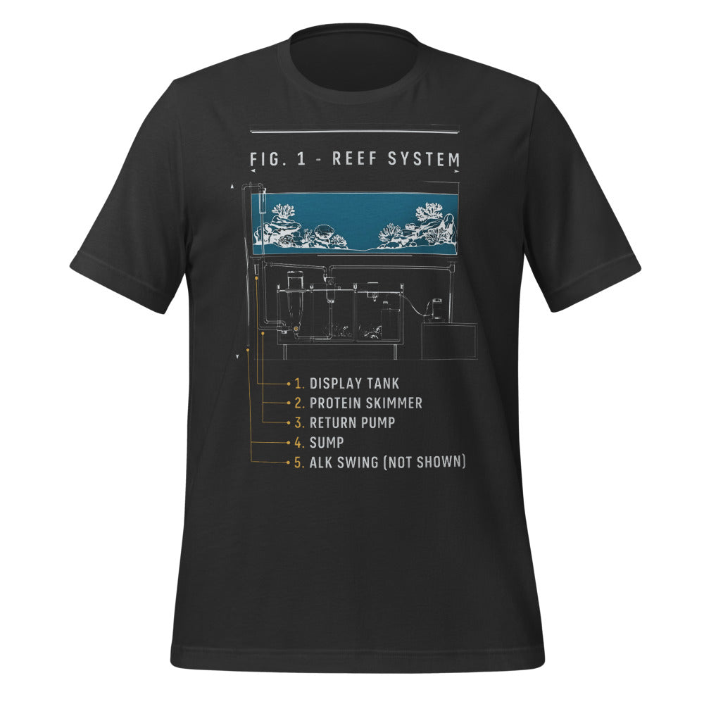 Reef System technical cutaway saltwater aquarium t-shirt — Dark Grey, front