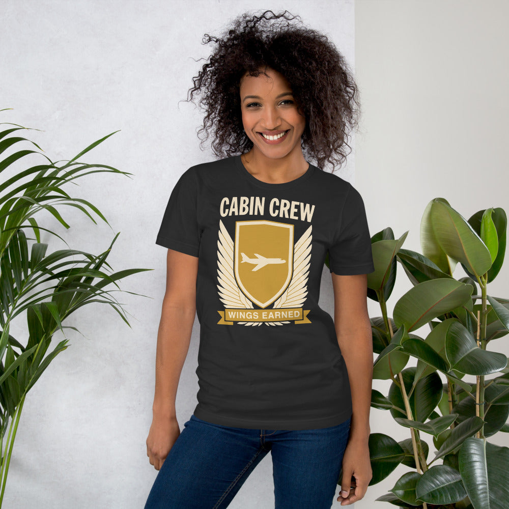 Wings Earned flight attendant tee — Dark Grey, on model