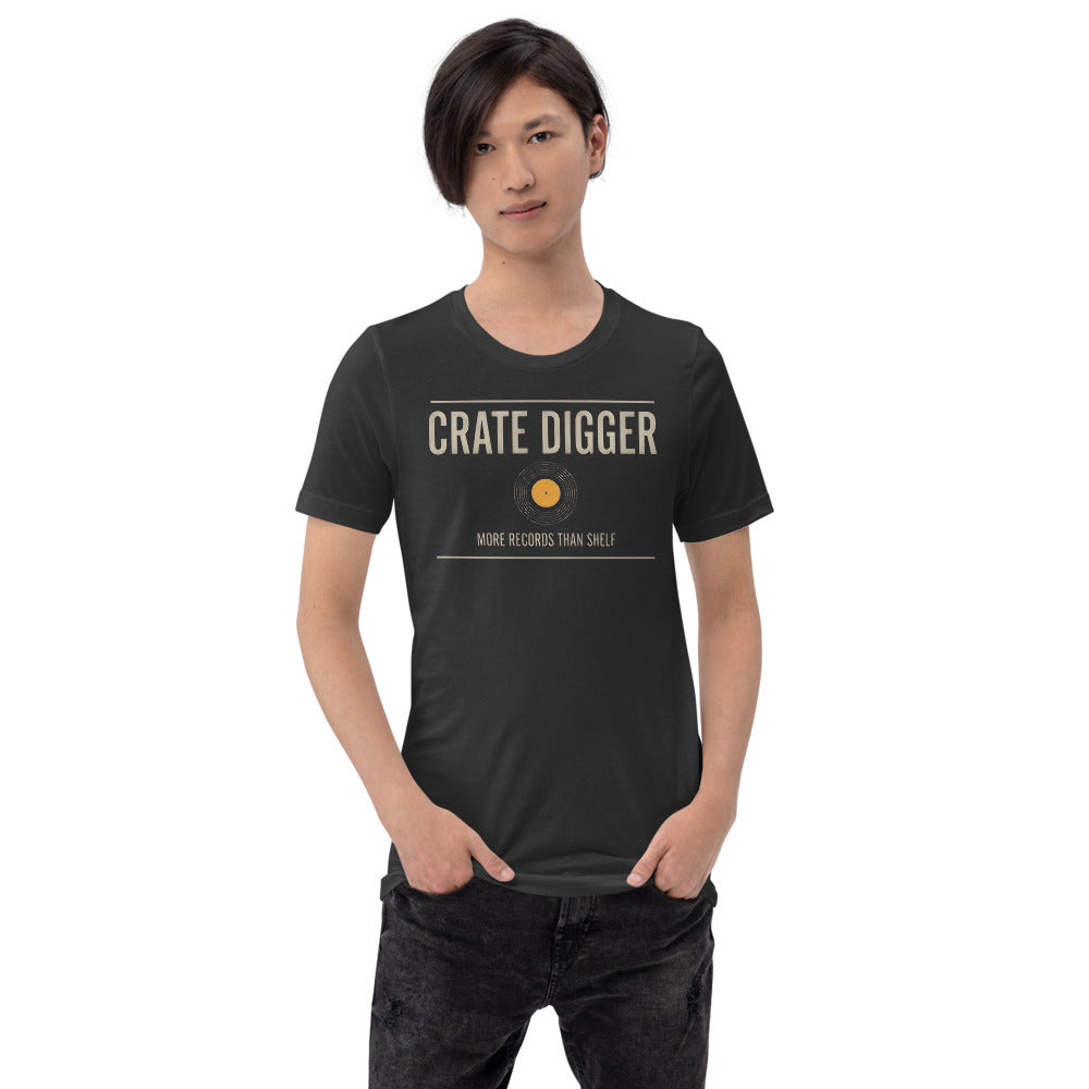 Crate Digger vinyl record tee — Dark Grey, on model