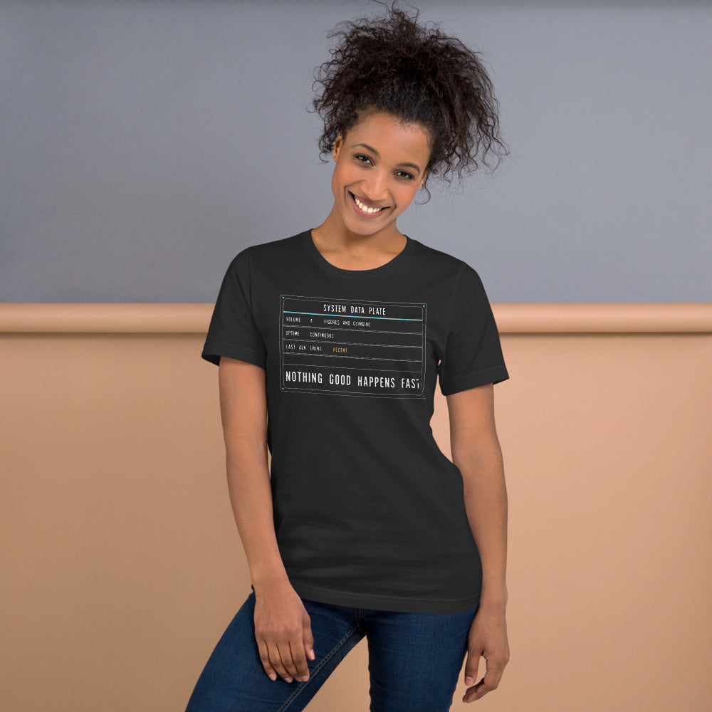 Nothing Good Happens Fast reef system data plate saltwater aquarium t-shirt — Dark Grey, on model