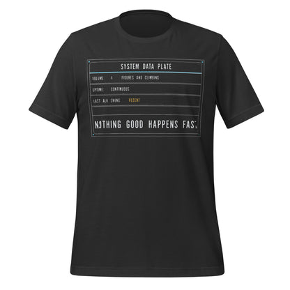 Nothing Good Happens Fast reef system data plate saltwater aquarium t-shirt — Dark Grey, front