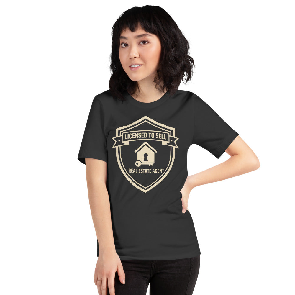 Licensed to Sell real estate agent tee — Dark Grey, on model