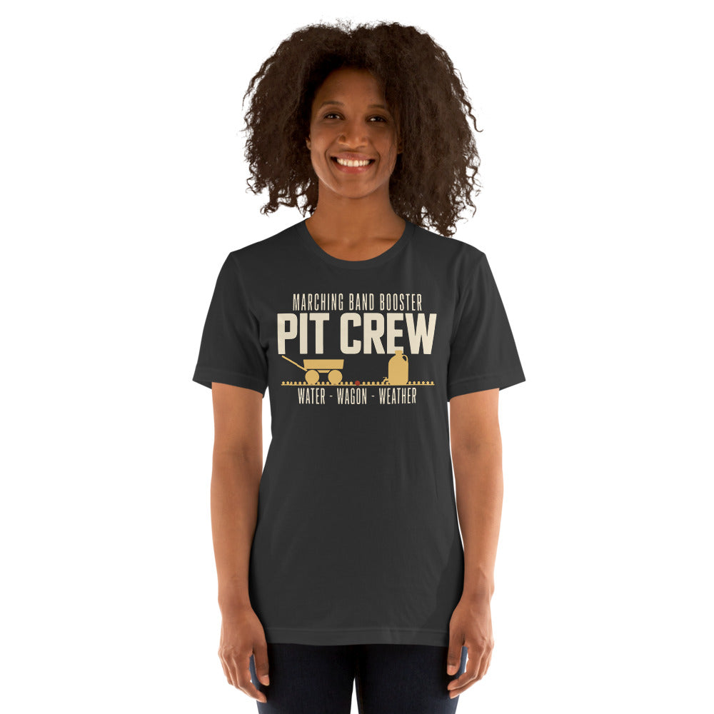 Pit Crew marching band booster t-shirt — Dark Grey, on model