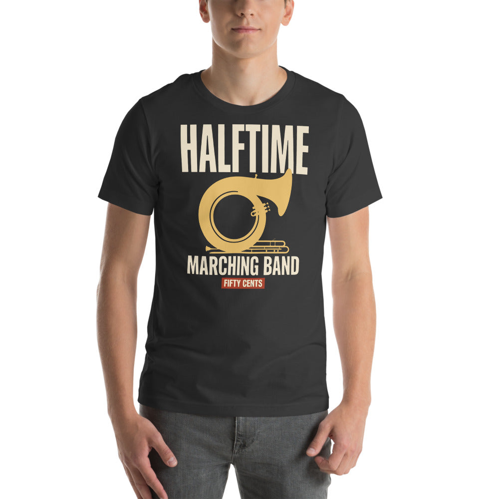 Official Halftime vintage marching band t-shirt — Dark Grey, on model