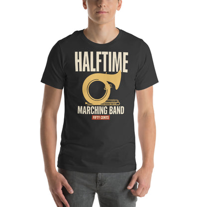 Official Halftime vintage marching band t-shirt — Dark Grey, on model